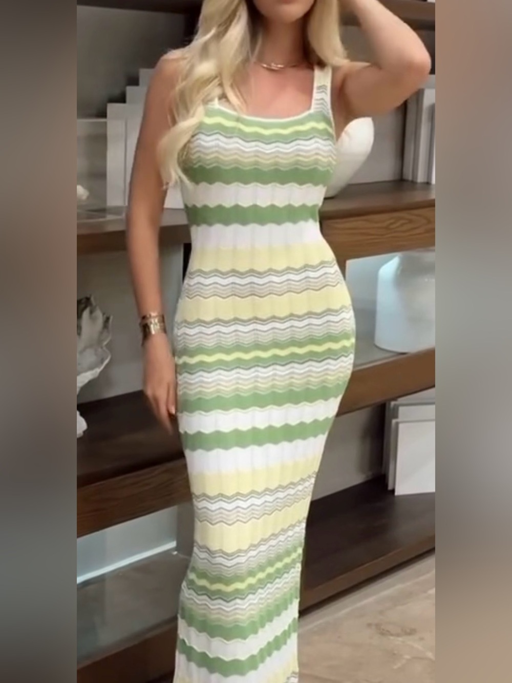Tularosa Green White Yellow Striped Midi Dress